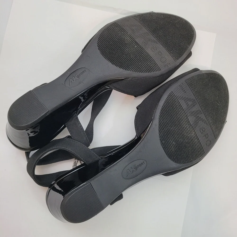 Anne Klein Sport AKMEME Wedge Sandals Womens 11 Black Elastic Straps Slingback
